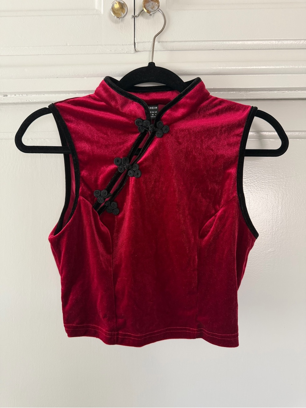 Velvet Mandarin Collar Crop Top - Red